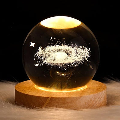 3D Galaxy / Solar System Crystal Ball | Night Light With Wooden Base (Random Designs)